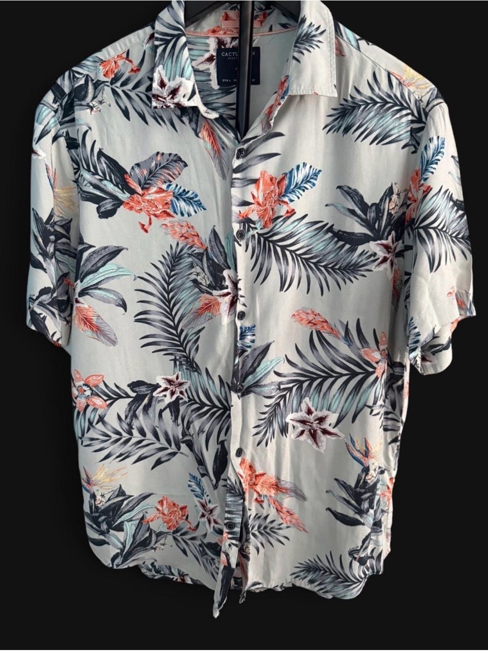 Cactus White Tropical Floral Button-Down Shirt with Coral & Navy Accents